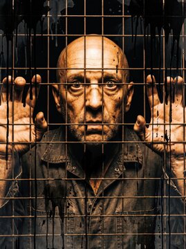 Gritty cinematic illustration of a trapped man behind metal bars, desperate prisoner in dark jail cell, dramatic portrait of confinement
