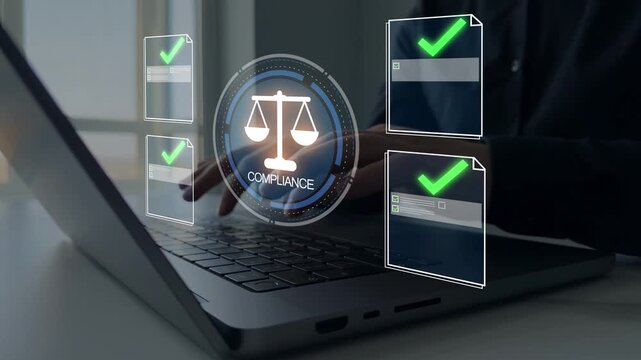Compliance law,corporate rules concept with documents, checkmarks, regulation. Modern governance, legal standards, policy management ensuring transparency, safety, structured organizational control.
