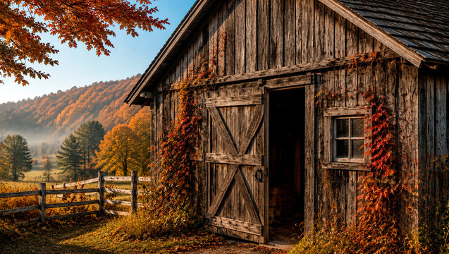Old wooden barn with red ivy in autumn countryside. Rustic farm shed with open door among fall trees and misty hills. Rural landscape. Thanksgiving and harvest season concept.
