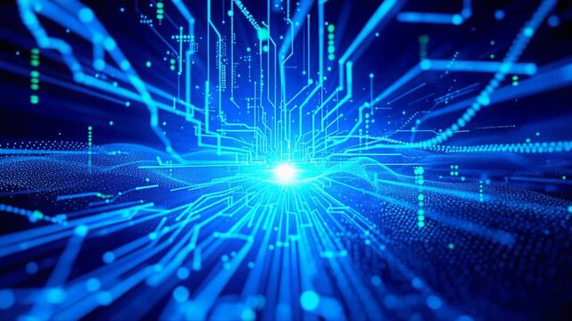 Glowing blue electronic circuits transferring information and data across a network motherboard