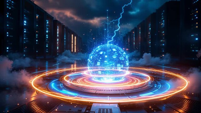 Advanced artificial intelligence core processing information inside a futuristic data center server room