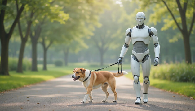 humanoid robot walking a dog on a leash along a tree lined park path