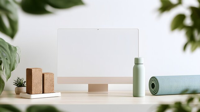 Wellness office mockup template with pastel pink dumbbells, yoga mat, and laptop. Clean digital screen for copy space on minimalist white table background, work-life balance and well-being concept for