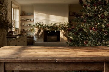 Naklejka premium Empty rustic wooden table in a cozy living room with a Christmas tree and hearth, featuring weathered textures and copy space for a product mockup