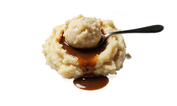 Potatoes gravy scoop isolated on a transparent background featuring creamy mashed potatoes topped with brown gravy