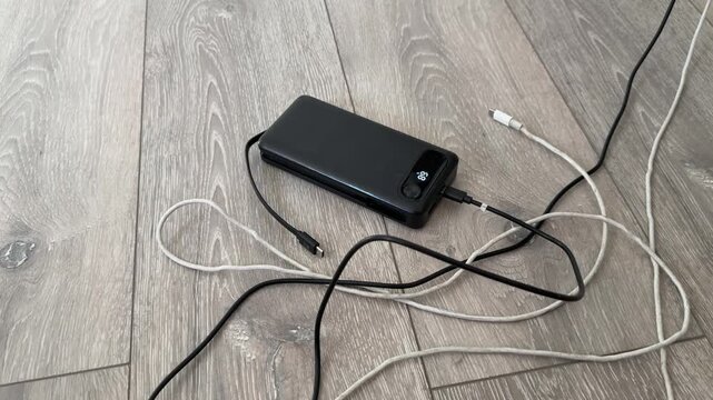 Portable Power Bank with USB Charging Cables and Electronic Travel Accessories on Bed