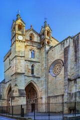 Naklejka premium San Vicente Church facade in San Sebastian, Spain. Low angle exterior view. Gothic style