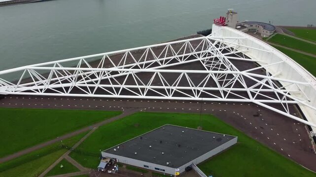 Delta works. Maeslant Barrier movable storm surge barrier. Aerial view. Nieuwe Waterweg canal, entrance to the Port of Rotterdam, Netherlands.
