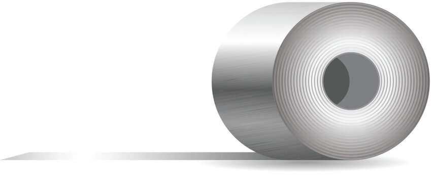 Steel sheet roll, stainless construction tape coil isolated on white background. Vector realistic set of metal, Metallic Aluminium Coil Roll Isolated on White Background with Soft Shadow