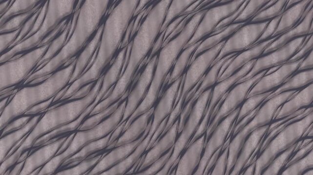 Braided River Channels Shifting Across a Pale Gravel Flat, Aerial Top Down Seamless Loop in soft mauve tones