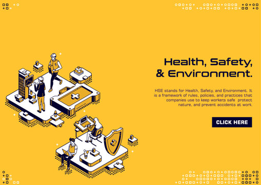 Modern HSE background for website banners and social media. Industrial health safety environment management system poster, occupational workplace protection, and risk vector illustration.