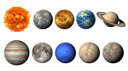 Bright golden sun and various colorful planets of our vast solar system displayed as isolated icons set on transparent background © Hossain