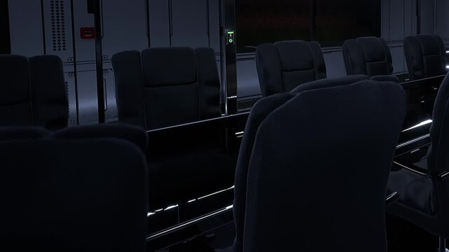 The seats are arranged in rows in a theater. The room is dark and no people are present. The lights are dim and the screen is not visible in this scene.
