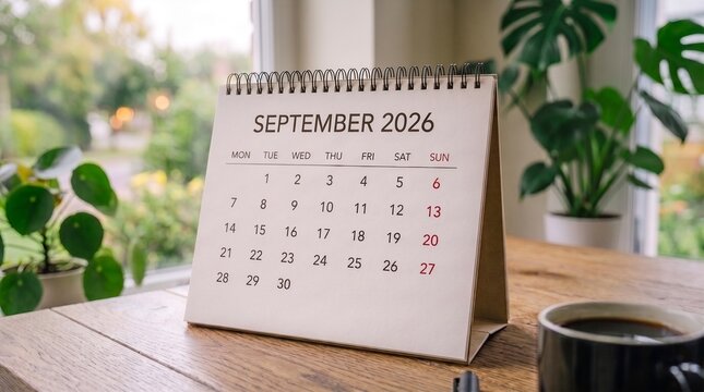 A desktop flip calendar showing September 2026 rests on a wooden table near potted house plants, a window, and a black coffee cup.
