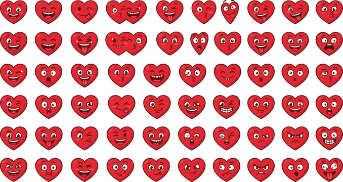 Cute Heart Emoji Character Vector Icon Set with Red Valentine Cartoon Emoticons Showing Various Happy Sad Angry Loving and Funny Facial Expressions
