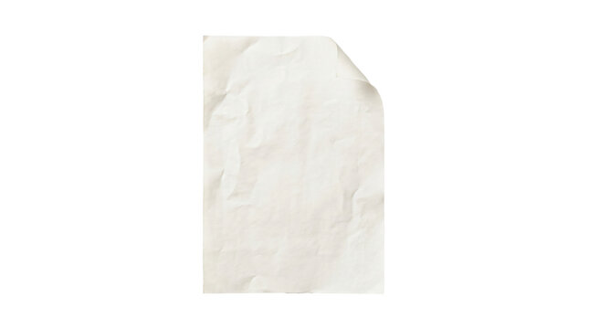 Wrinkled white blank paper sheet with a curled top corner showcasing texture and light shadows isolated on transparent background