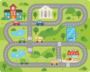 Naklejka premium Cute Square Kids Play Mat Map with Winding City Roads Cars Ambulance School Cafe and Ponds Vector Landscape Illustration for Children Room Rug Design