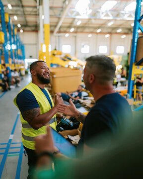 Black African man in a hi-vis vest talking with a supervisor in a distribution hub, a natural industrial scene for frontline worker support