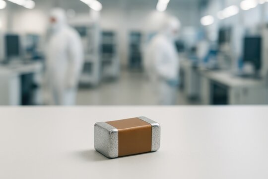 Macro shot of a surface-mount ceramic capacitor on a workbench inside a cleanroom microelectronics facility.