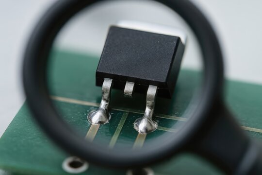 Magnifying glass focused on a soldered electronic transistor component mounted on a printed circuit board.