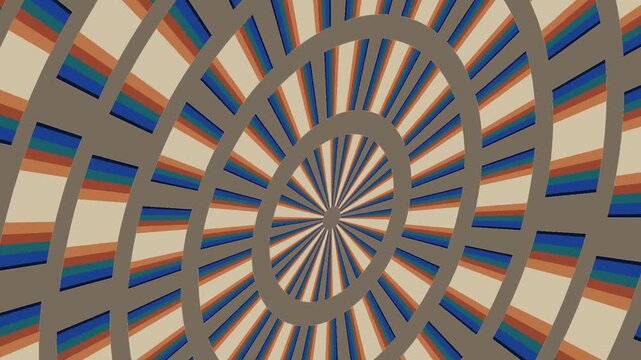 Concentric Segmented Rings Counter Rotating While Segment Counts Step Outward Flat Retro Print Seamless Loop in subtle sand tones