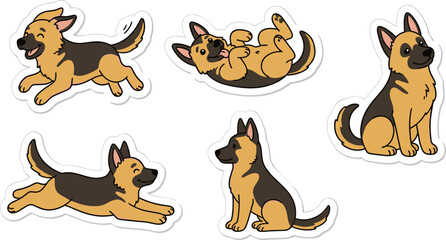 Obraz premium Cute German Shepherd Puppy Dog Sticker Vector Set with Happy Playful Cartoon Mascot Characters in Different Poses and Actions for Children Design and Pet Shop Branding