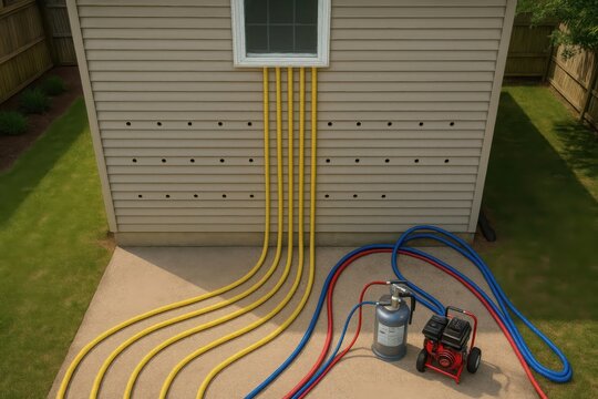 External wall insulation retrofit process with parallel vertical yellow injection lines and portable pump equipment.