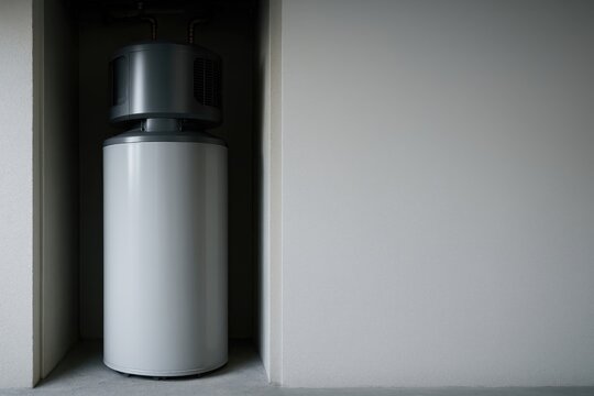 Hybrid heat pump water heater installed in a utility alcove for efficient residential climate control and hot water.