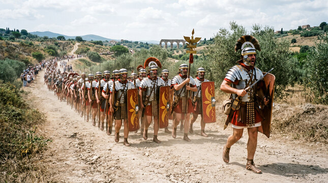 Una legi&oacute;n de soldados romanos con armadura, escudos y estandartes marcha en formaci&oacute;n por un camino de tierra junto a un fuerte de madera.