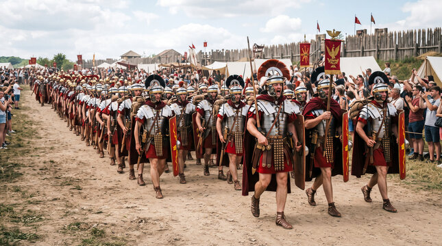 Una legi&oacute;n de soldados romanos con armadura, escudos y estandartes marcha en formaci&oacute;n por un camino de tierra junto a un fuerte de madera.