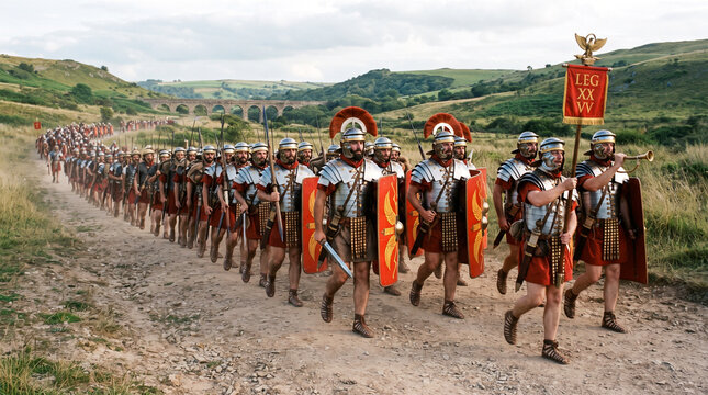 Una legi&oacute;n de soldados romanos con armadura, escudos y estandartes marcha en formaci&oacute;n por un camino de tierra junto a un fuerte de madera.