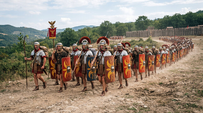Una legi&oacute;n de soldados romanos con armadura, escudos y estandartes marcha en formaci&oacute;n por un camino de tierra junto a un fuerte de madera.