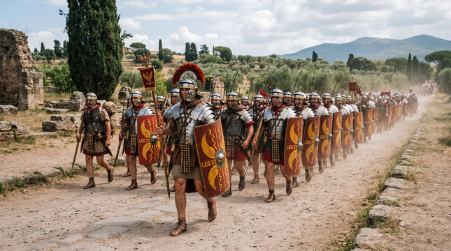 Una legi&oacute;n de soldados romanos con armadura, escudos y estandartes marcha en formaci&oacute;n por un camino de tierra junto a un fuerte de madera.