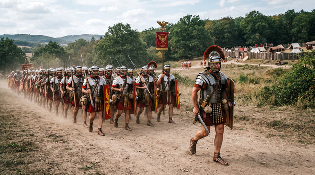 Una legi&oacute;n de soldados romanos con armadura, escudos y estandartes marcha en formaci&oacute;n por un camino de tierra junto a un fuerte de madera.