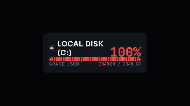 Hard drive storage capacity, progress bar filling up to full capacity, disk space usage increasing, symbolizing data storage and technology