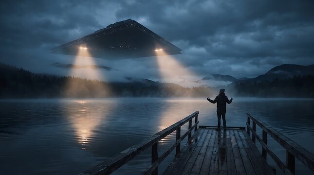 A dramatic cinematic illustration of a lone person standing on a wooden pier, witnessing a massive triangular alien spaceship hovering in the dark cloudy sky over a calm, misty lake, casting bright...
