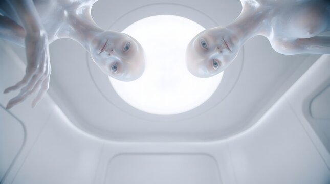 Futuristic point of view scene of two bald, pale humanoid androids looking down at the viewer from inside a bright, sterile white laboratory or sci-fi spaceship chamber with a glowing circular over...