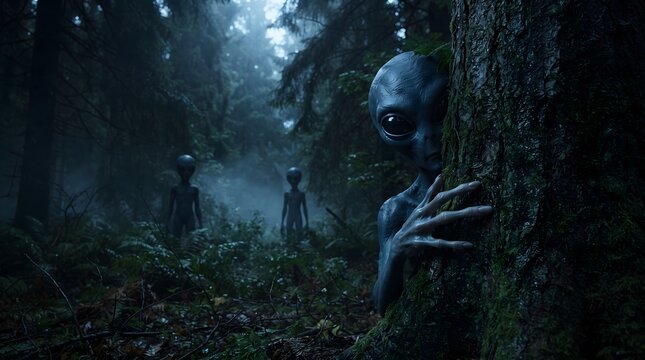 A cinematic and spooky depiction of a gray extraterrestrial alien hiding behind a mossy tree, peering forward with large black eyes in a dark, foggy forest filled with ferns and two distant alien f...