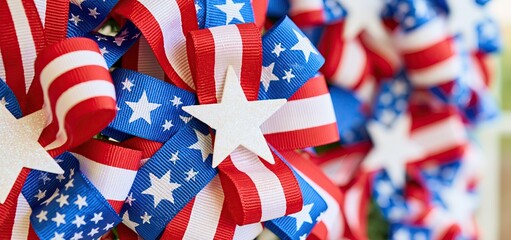 Naklejka premium Festive holiday wreath with red, white, and blue ribbons for patriotic Christmas decoration.