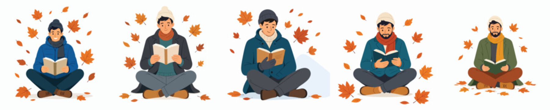 Flat vector illustration of a man sitting on the floor reading a book in an autumn setting