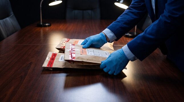 legal evidence handling. gloved investigator organizing tamper evident document envelopes on conference table. chain of custody and forensic investigation concept.

