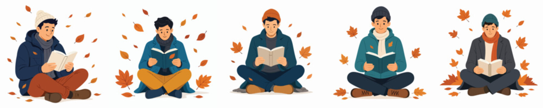 Flat vector illustration of a man sitting on the floor reading a book in an autumn setting