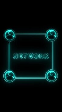 Glowing neon network concept with four user icons linked in a square around the word network on a black background, showing connection, communication, teamwork and digital community