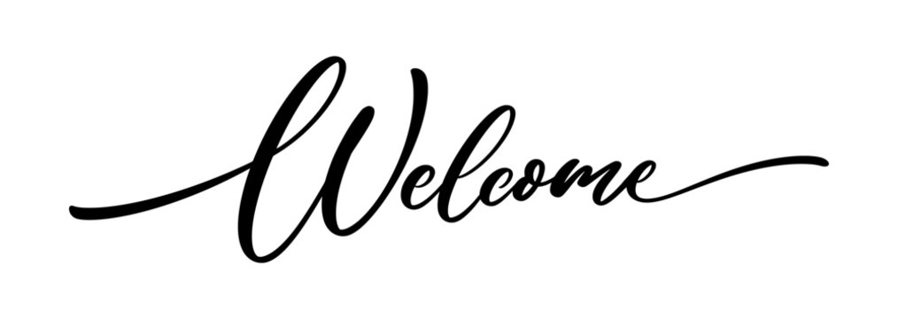 Hand drawn calligraphic welcome word lettering phrase with long swash tail for cursive sign isolated on white background.