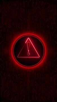 Glowing red warning symbol with an exclamation mark inside a dark circle, set against a futuristic circuit board background