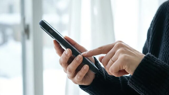 指輪をした手でスマートフォンの画面を丁寧に操作する手元