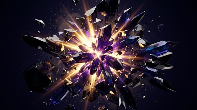 3D abstract exploding dark purple crystal with glowing golden core and scattering shattered shards