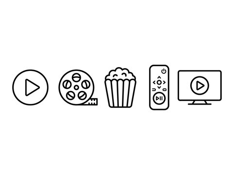 Flat line icons depicting entertainment devices and snacks arranged in a horizontal sequence for digital media design.