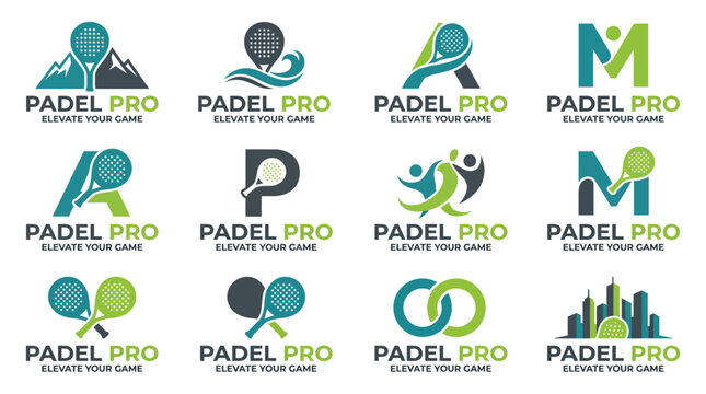 A collection of Padel Pro logos showcasing dynamic designs ideal for promoting padel sports, illustrating energy and competitive spirit in various styles and colors.