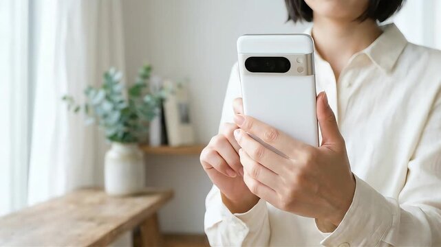 白いスマートフォンを両手で持ち画面を操作する女性の手元